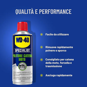 WD-40 - Specialist - Pulitore Catena Moto - Asciugatura rapida, Non lascia residui - Pulisce, previene l'usura - Per catene, forcelloni e trasmissioni - Compatibile con O, X e Z ring - Spray 400ml