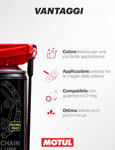 Motul - Lubrificante per Catene di Moto da Corsa - Aerosol Bianco - velocità e Resistenza - Compatibile con O-Ring, X-Ring, Z-Ring - MC Care Chain Lube Factory Line C4-400 ml