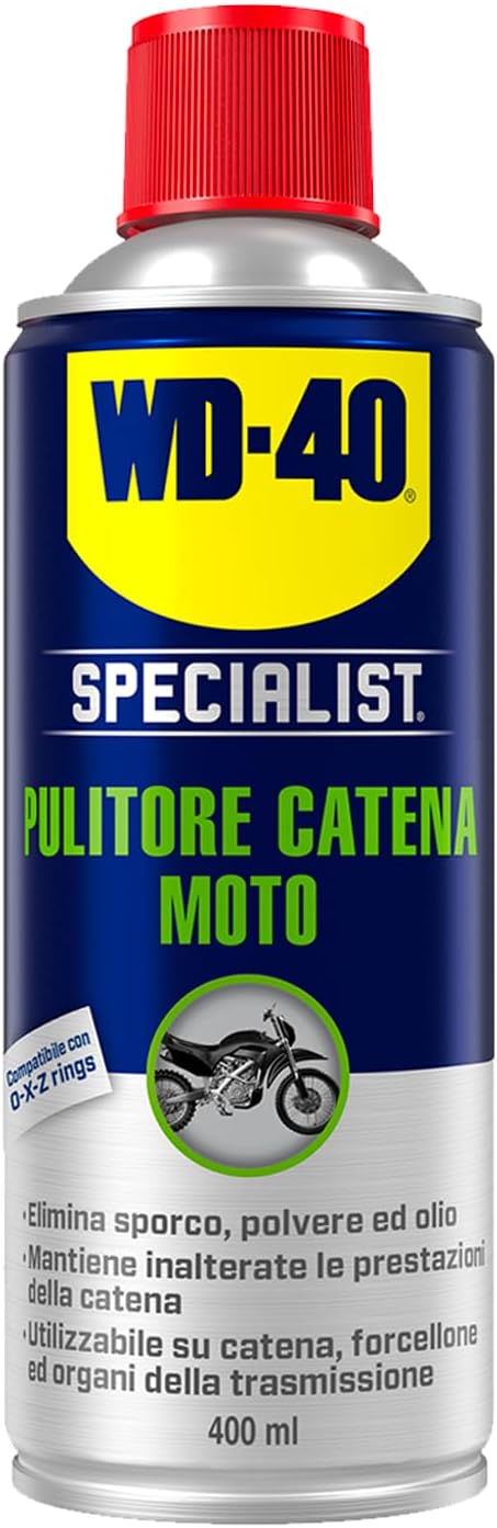 WD-40 - Specialist - Pulitore Catena Moto - Asciugatura rapida, Non lascia residui - Pulisce, previene l'usura - Per catene, forcelloni e trasmissioni - Compatibile con O, X e Z ring - Spray 400ml