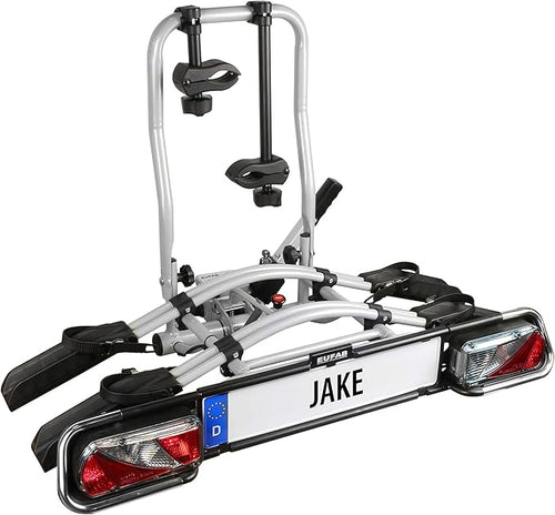 EUFAB Portabici 11510 JAKE, adatto per e-bike, parzialmente premontato, espandibile, protezione antifurto, per 2 biciclette, per gancio di rimorchio